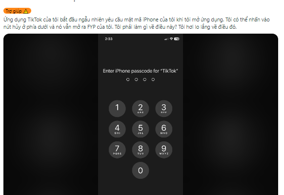 TikTok trên iPhone hỏi quyền truy cập mật khẩu? Nhiều người “tố” mạng xã hội TikTok đòi người dùng iPhone phải cung cấp mã mở máy trên diễn đàn Reddit